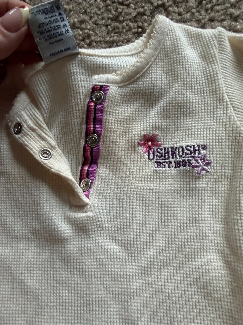 B41 Vintage OshKosh B’Gosh Cream Thermal Henley Top with Pink Accent, 4t